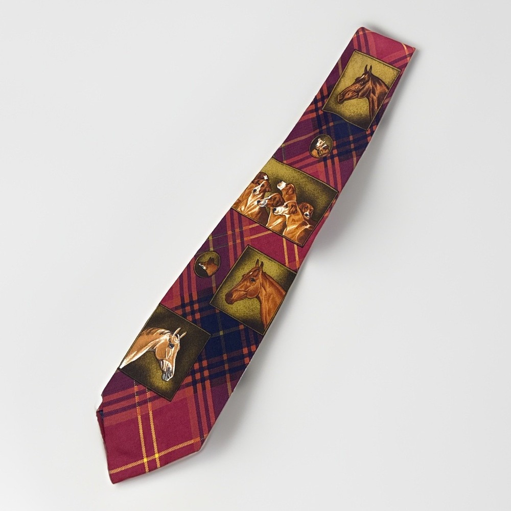Vintage Equestrian Dogs Rare Polo Ralph Lauren Tie - Silk Handmade! Plaid! Red